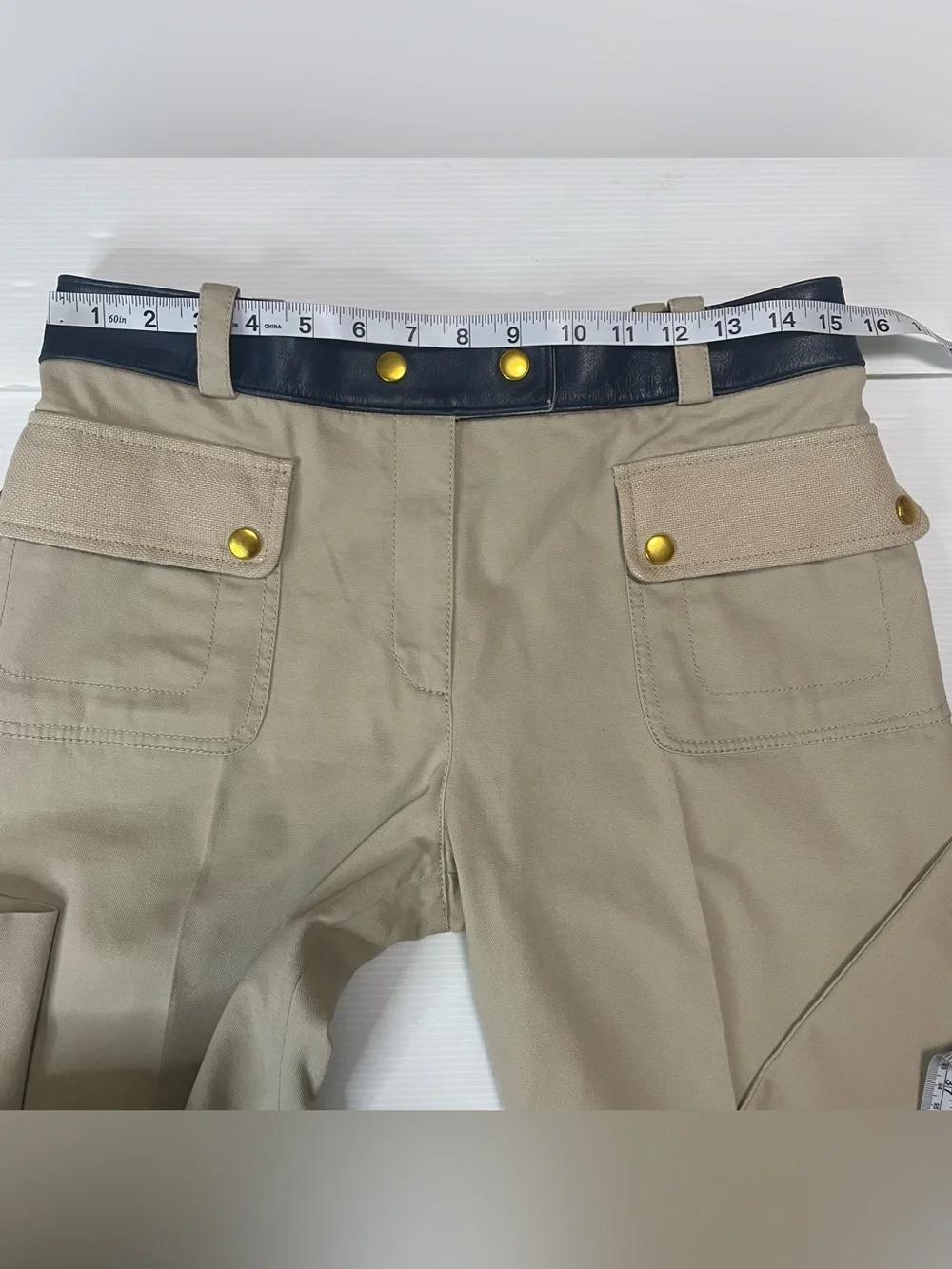 Tory Burch Women's Joss Safari Pants Khaki W/ Navy Leather Waistband Size 4